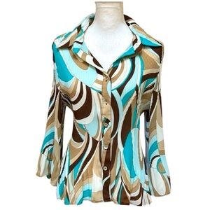 Sere Nade Y2K Brown Blue Abstract Button Up Pleated Scrunch Bell Sleeve Shirt XL